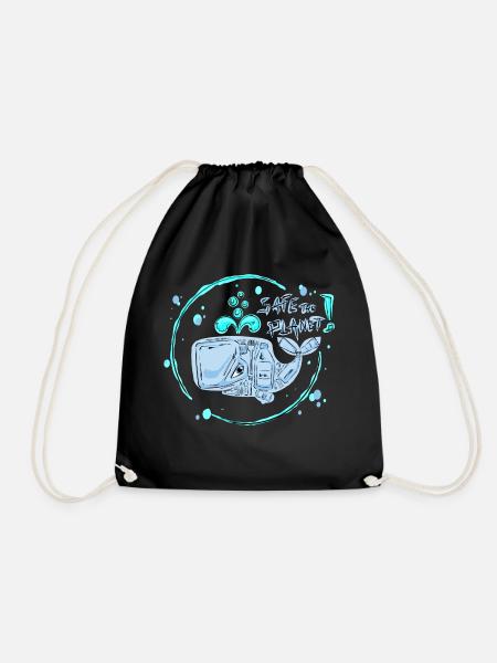 Safe the Planet,Waal,Plastic,Sea,Beach,Fish, - Drawstring Bag - black