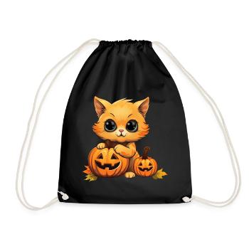 Cute Halloween cat with hat in autumn leaves - Drawstring Bag - black - Front