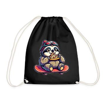 Sloth Skateboarder: Pizza Ride - Drawstring Bag - black - Front