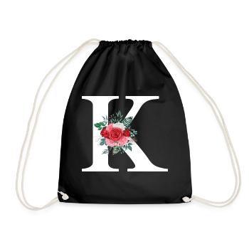 Roter floraler K-Buchstabe - Turnbeutel - Schwarz - Vorne