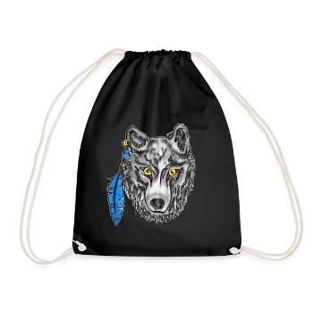 Gray wolf with yellow eyes and earring - Drawstring Bag - black - Front