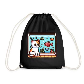Cute Kitty looking at Fish in Aquarium - Drawstring Bag - black - Front