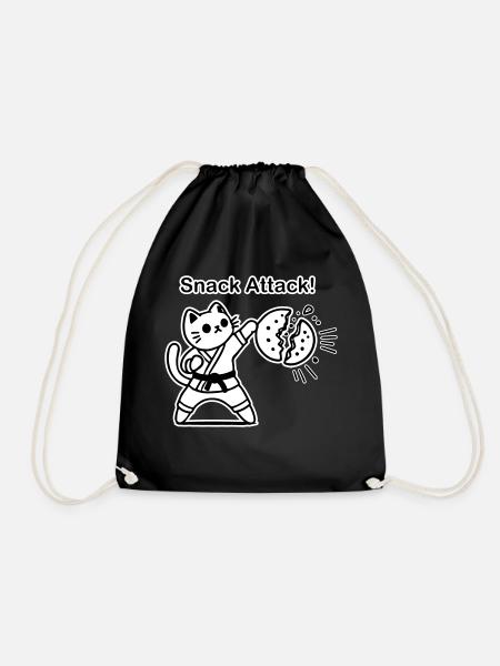 Karate Cat punching a cookie - Snack Attack Design - Drawstring Bag - black