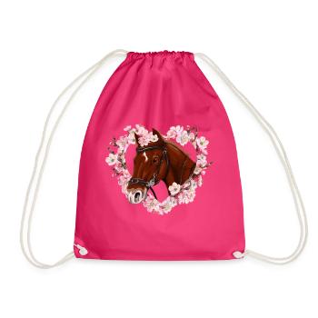 Pferdeliebhaber Geschenke, braunes Pferd mit Blumen - Turnbeutel - Fuchsia - Vorne