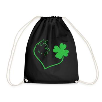 Cat Cloverleaf Heart Lucky Charm - Drawstring Bag - black - Front