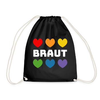Regenbogenherzchen Braut weiss - Turnbeutel - Schwarz - Vorne