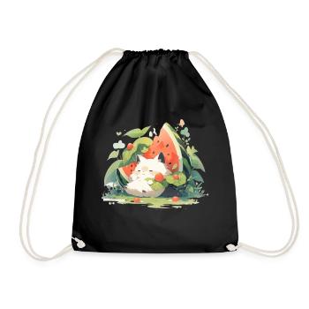 Cute Kawaii Cat Watermelon Food - Drawstring Bag - black - Front