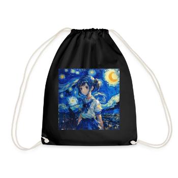 anime, anime mädchen, otaku, waifu, van gogh - Turnbeutel - Schwarz - Vorne