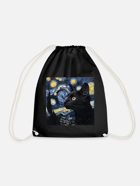 schwarze katze, katzen, van gogh, sternennacht - Turnbeutel - Schwarz
