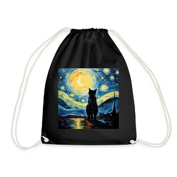 Cat, Cat Motif, Van Gogh, Starry Night - Drawstring Bag - black - Front