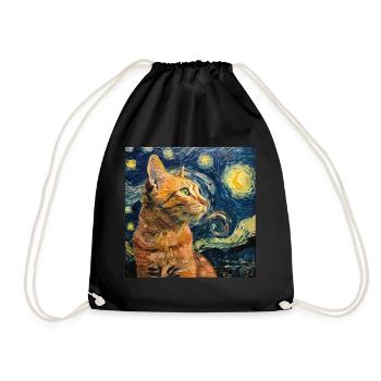 Cat, Cat Motif, Van Gogh, Starry Night - Drawstring Bag - black - Front