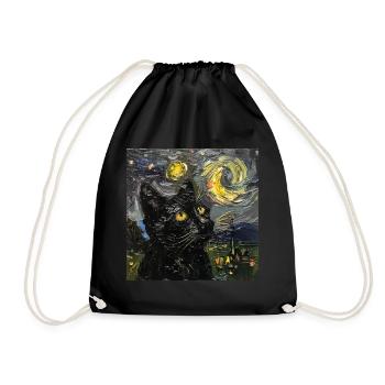 Cat, Cat Motif, Van Gogh, Starry Night - Drawstring Bag - black - Front