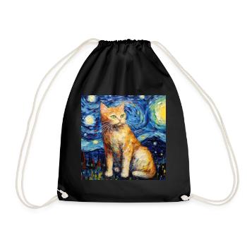 Cat, Cat Motif, Van Gogh, Starry Night - Drawstring Bag - black - Front