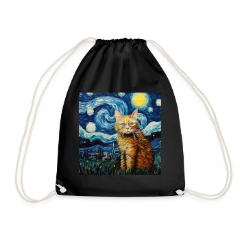 Cat, Cat Motif, Van Gogh, Starry Night - Drawstring Bag - black - Front