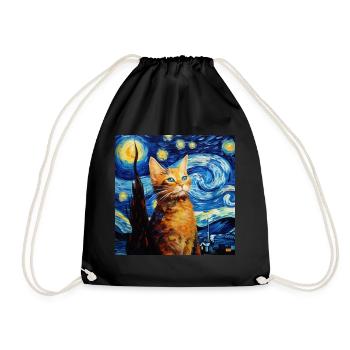 Cat, Cat Motif, Van Gogh, Starry Night - Drawstring Bag - black - Front