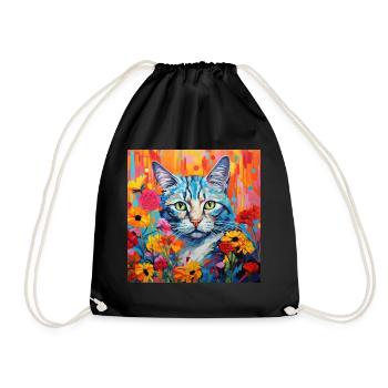Katze, katzenmotiv, blumen, geschenk, geschenkidee - Turnbeutel - Schwarz - Vorne