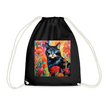 cat, cat motif, flowers, gift, gift idea - Drawstring Bag - black - Front