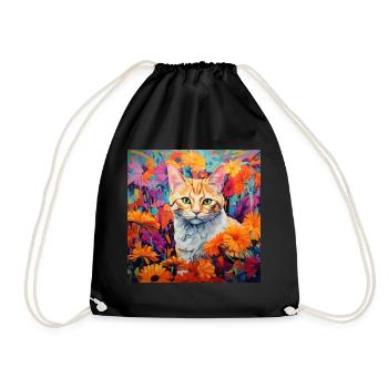 Katze, katzenmotiv, blumen, geschenk, geschenkidee - Turnbeutel - Schwarz - Vorne