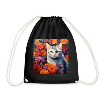 Katze, katzenmotiv, blumen, geschenk, geschenkidee - Turnbeutel - Schwarz - Vorne