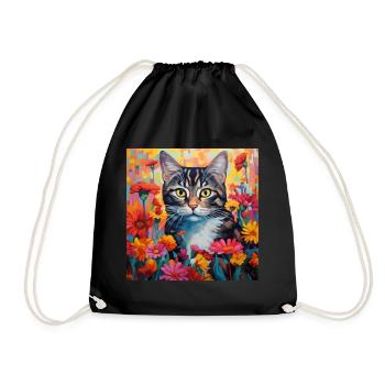 cat, cat motif, flowers, gift, gift idea - Drawstring Bag - black - Front