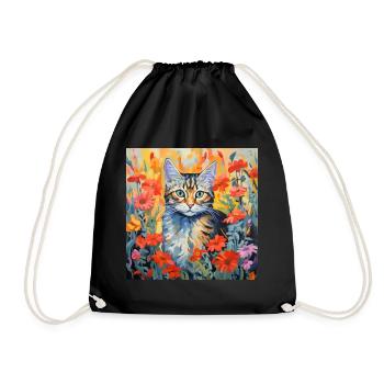 cat, cat motif, flowers, gift, gift idea - Drawstring Bag - black - Front