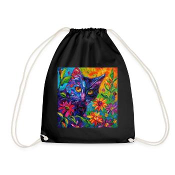 Katze, katzenmotiv, blumen, geschenk, geschenkidee - Turnbeutel - Schwarz - Vorne