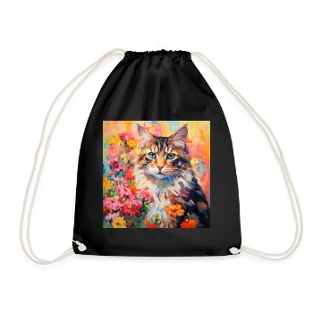 Katze, katzenmotiv, blumen, geschenk, geschenkidee - Turnbeutel - Schwarz - Vorne