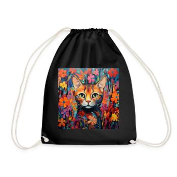 Katze, katzenmotiv, blumen, geschenk, geschenkidee - Turnbeutel - Schwarz - Vorne