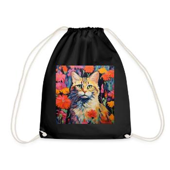 cat, cat motif, flowers, gift, gift idea - Drawstring Bag - black - Front
