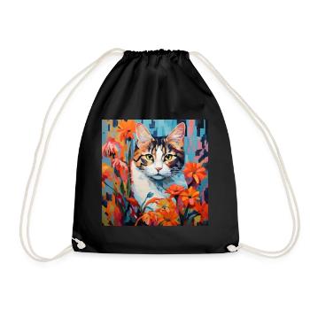 cat, cat motif, flowers, gift, gift idea - Drawstring Bag - black - Front