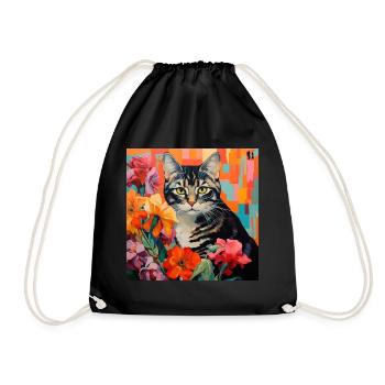 cat, cat motif, flowers, gift, gift idea - Drawstring Bag - black - Front