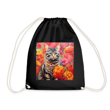 Katze, katzenmotiv, blumen, geschenk, geschenkidee - Turnbeutel - Schwarz - Vorne
