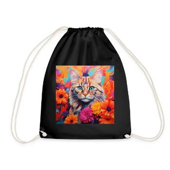 Katze, katzenmotiv, blumen, geschenk, geschenkidee - Turnbeutel - Schwarz - Vorne