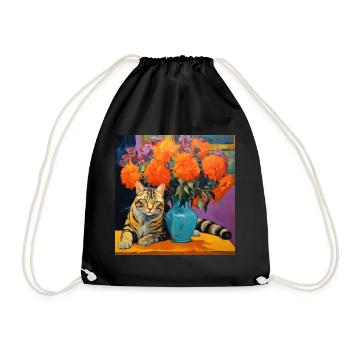 cat, cat motif, flowers, gift, gift idea - Drawstring Bag - black - Front