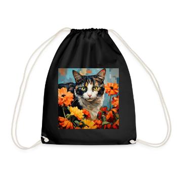 Katze, katzenmotiv, blumen, geschenk, geschenkidee - Turnbeutel - Schwarz - Vorne
