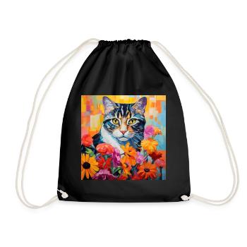 Katze, katzenmotiv, blumen, geschenk, geschenkidee - Turnbeutel - Schwarz - Vorne