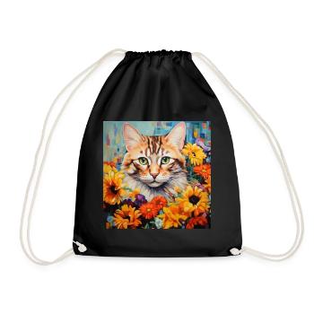 Katze, katzenmotiv, blumen, geschenk, geschenkidee - Turnbeutel - Schwarz - Vorne