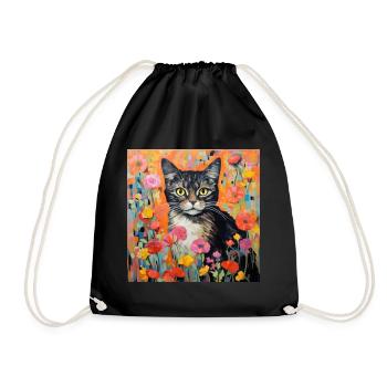 cat, cat motif, flowers, gift, gift idea - Drawstring Bag - black - Front