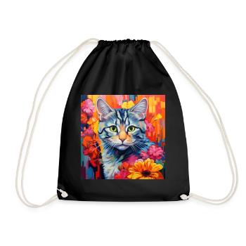 Katze, katzenmotiv, blumen, geschenk, geschenkidee - Turnbeutel - Schwarz - Vorne