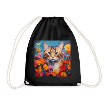 Katze, katzenmotiv, blumen, geschenk, geschenkidee - Turnbeutel - Schwarz - Vorne