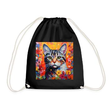 cat, cat motif, flowers, gift, gift idea - Drawstring Bag - black - Front