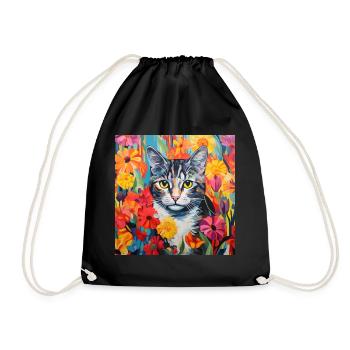 cat, cat motif, flowers, gift, gift idea - Drawstring Bag - black - Front