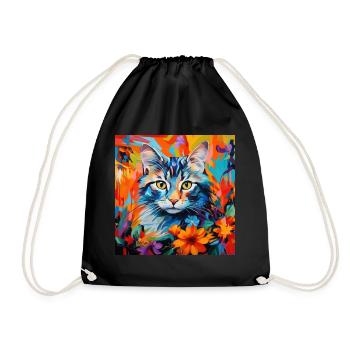Katze, katzenmotiv, blumen, geschenk, geschenkidee - Turnbeutel - Schwarz - Vorne