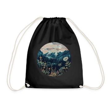 Boho, Flowers, Mountains, Landscape, Nature, Trees - Drawstring Bag - black - Front