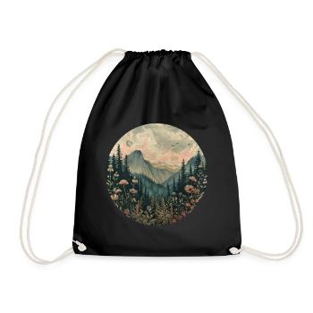 Boho, Blumen, Berge, Landschaft, Natur, Bäume - Turnbeutel - Schwarz - Vorne