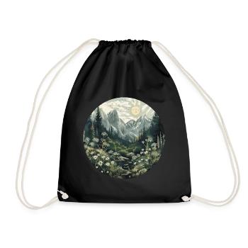 Boho, Flowers, Mountains, Landscape, Nature, Trees - Drawstring Bag - black - Front