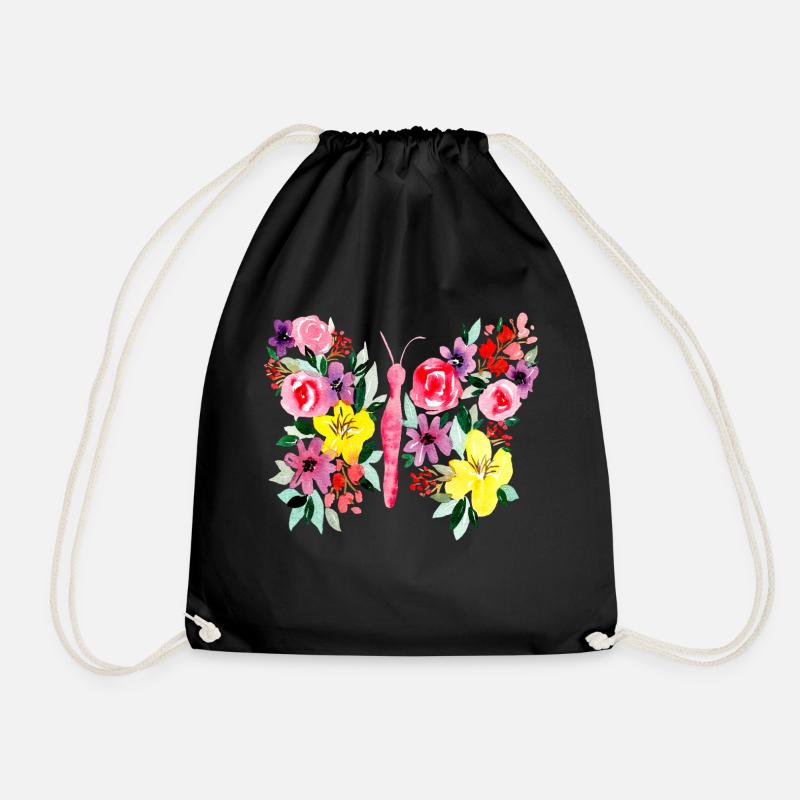 Colorful butterfly with flowers - Drawstring Bag - black