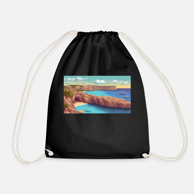 Comino Island, Malta - Pixel Art - Drawstring Bag - black