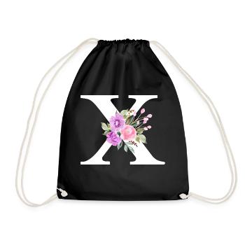 Purple floral x letter - Drawstring Bag - black - Front