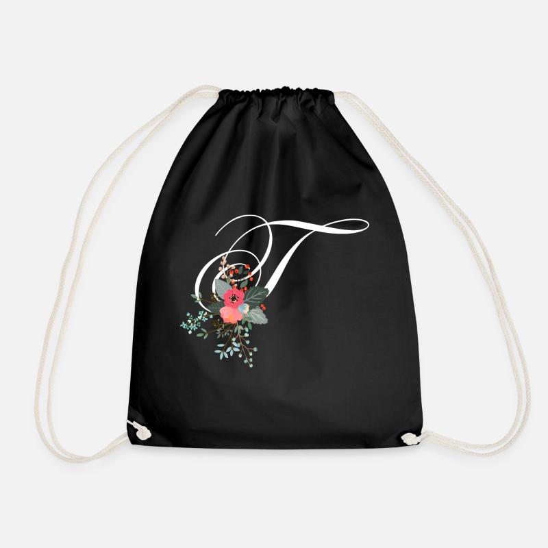 Letter t flowery - Drawstring Bag - black